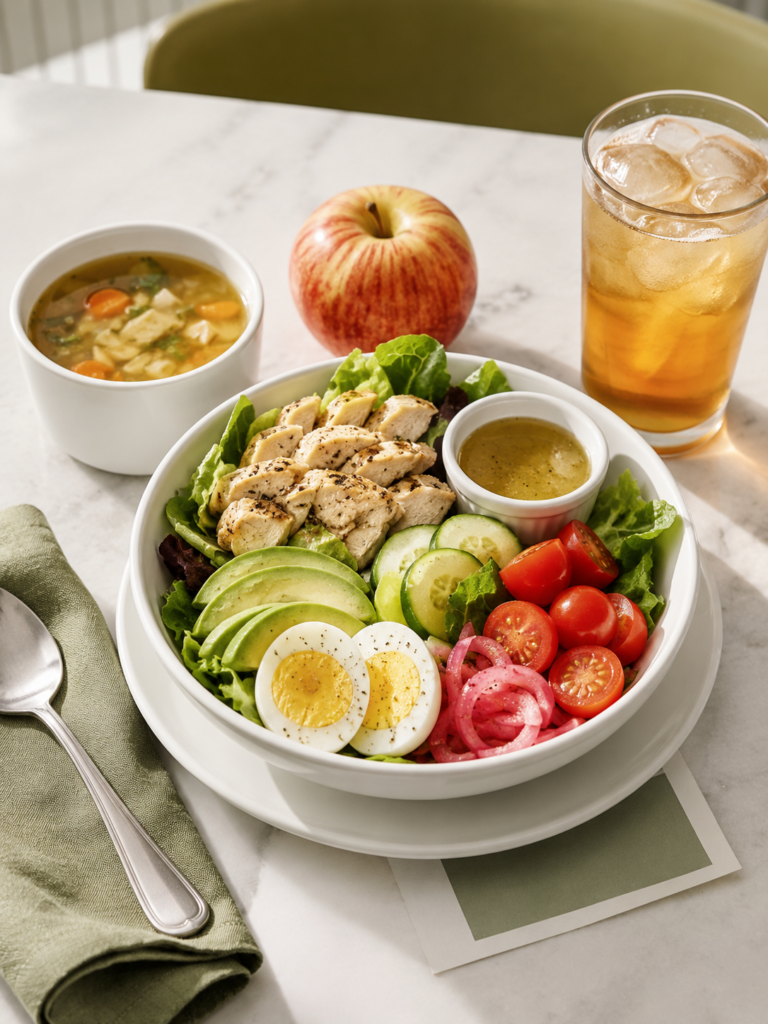 Panera-inspired healthy lunch order with chicken salad, soup, apple, and iced tea on a light marble countertop