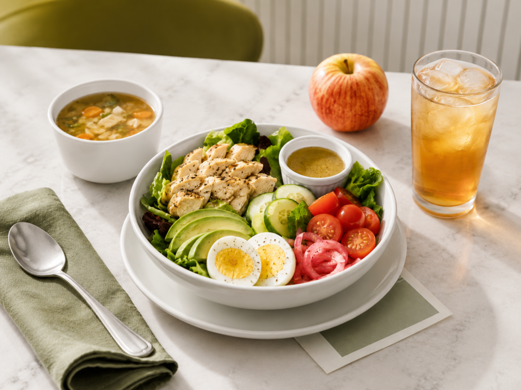 Balanced Panera-style lunch with grilled chicken salad, soup, apple, iced tea, and olive napkin
