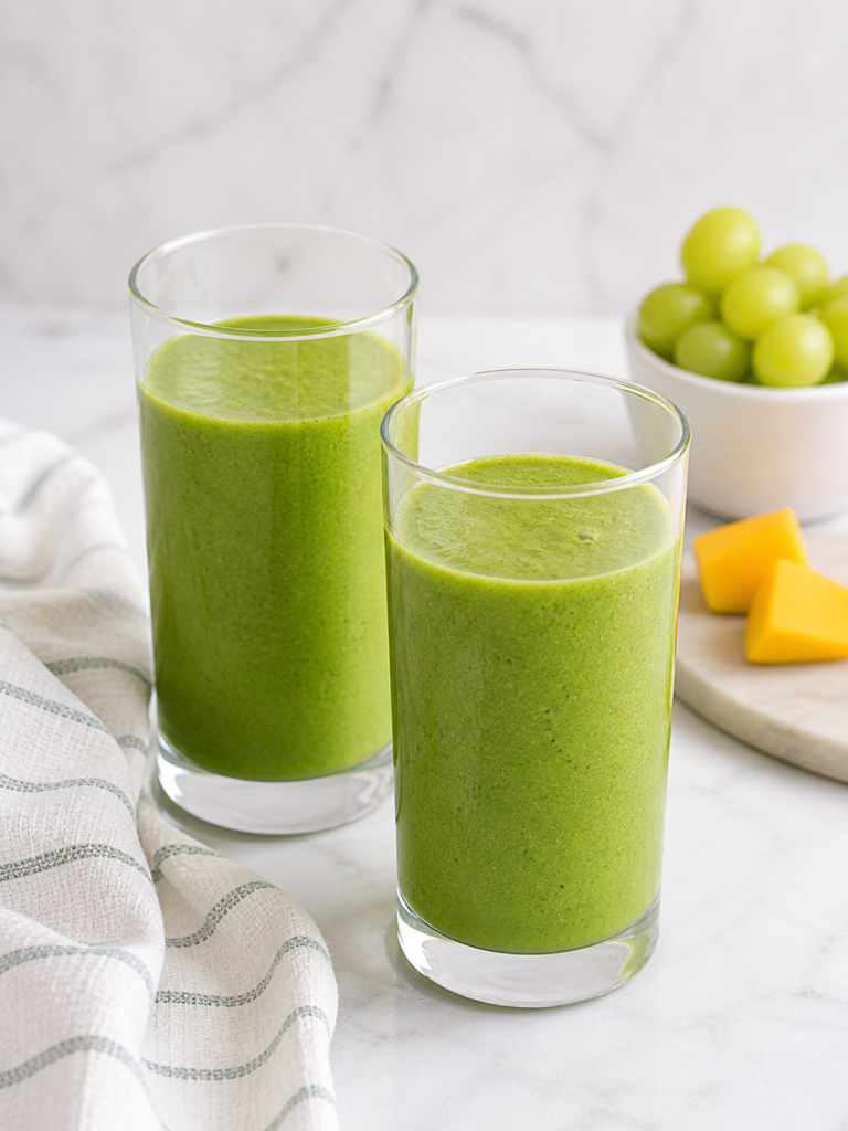 two green smoothies in tall glasses on marble countertop