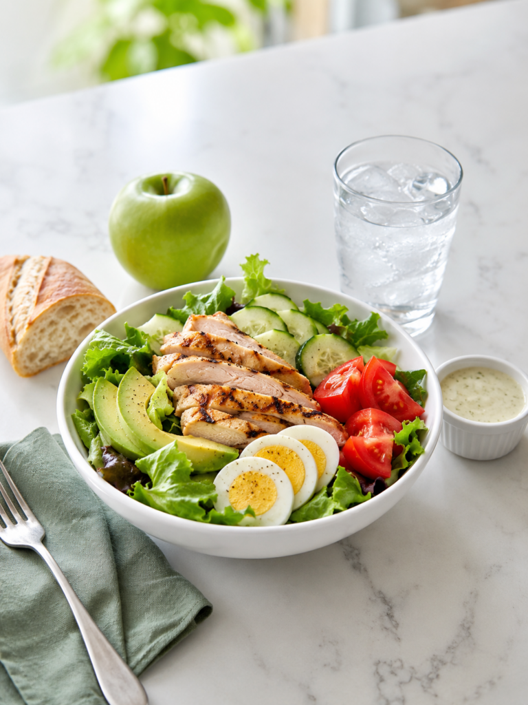 Grilled chicken salad with avocado, cucumber, tomato, hard-boiled egg, apple, water, and dressing on the side on a light marble countertop.
