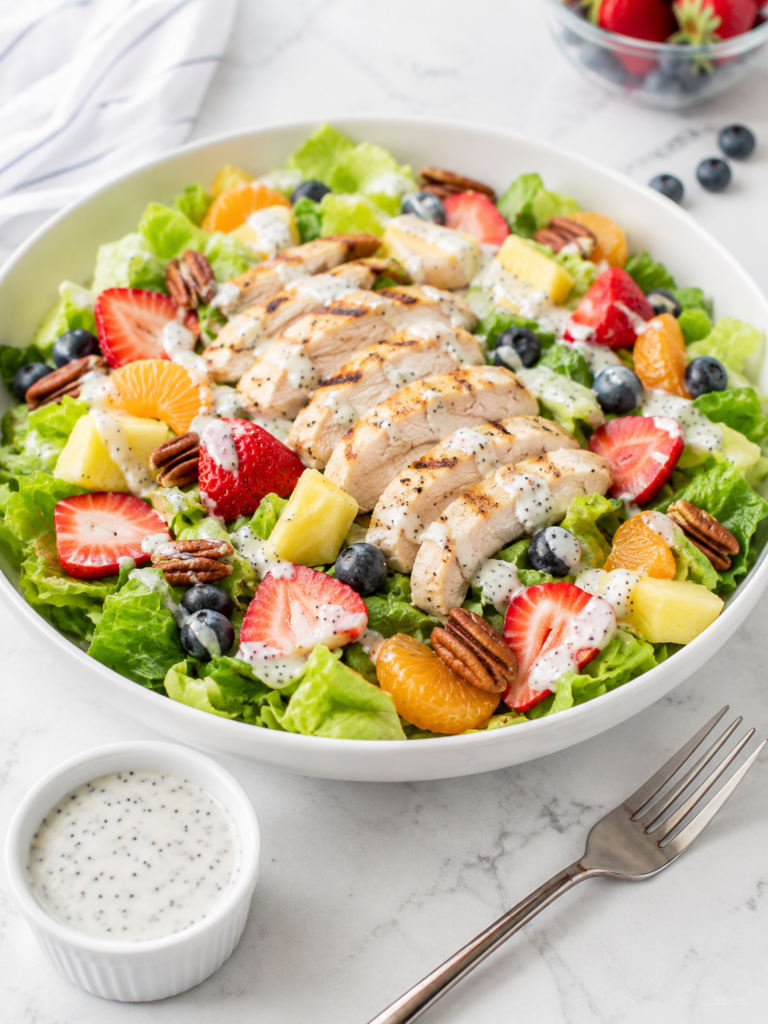 Strawberry poppyseed chicken salad with romaine, grilled chicken, fresh fruit, toasted pecans, and creamy poppyseed dressing.