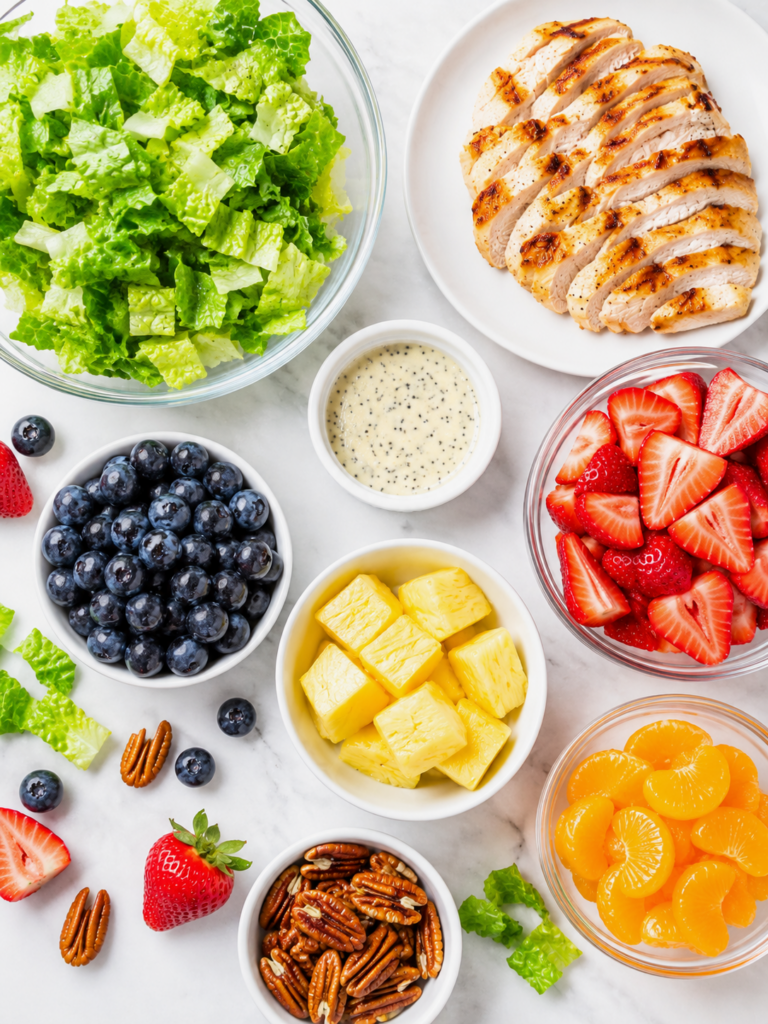 Ingredients for Panera strawberry poppyseed salad including chopped romaine, grilled chicken, strawberries, blueberries, pineapple, mandarin oranges, pecans, and poppyseed dressing.