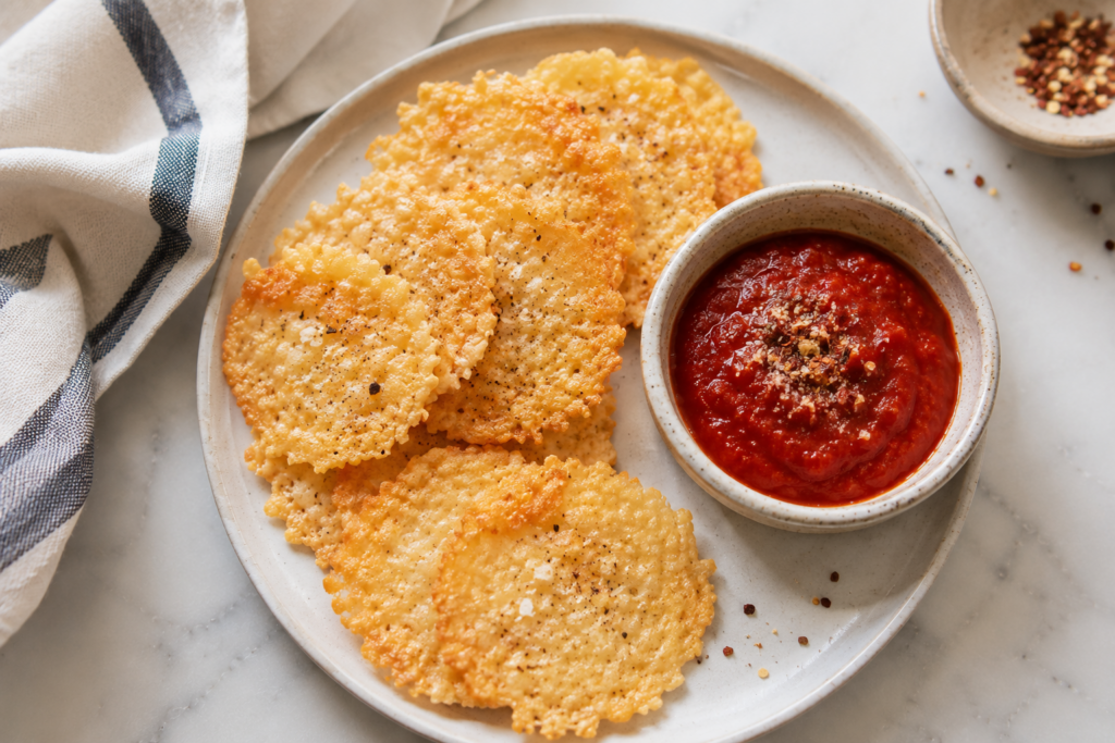 Crispy parmesan crisps served with a small bowl of marinara sauce on a light countertop.