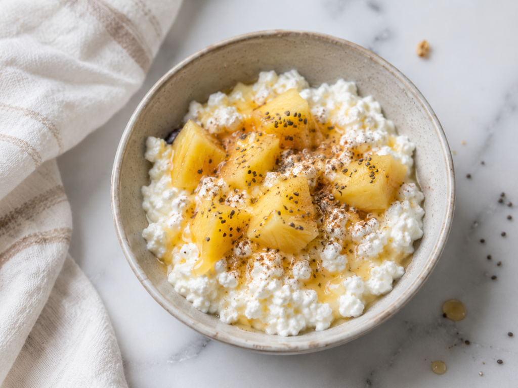Bowl of cottage cheese topped with pineapple chunks, honey drizzle, chia seeds, and cinnamon on a light marble countertop.