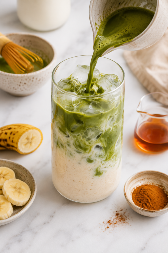 Matcha being poured over ice and creamy banana milk to make a banana bread matcha latte.