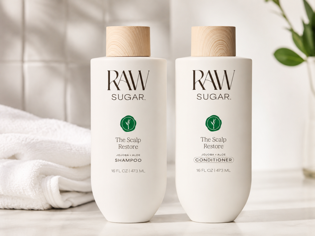 Raw Sugar The Scalp Restore shampoo and conditioner bottles on a bright bathroom counter