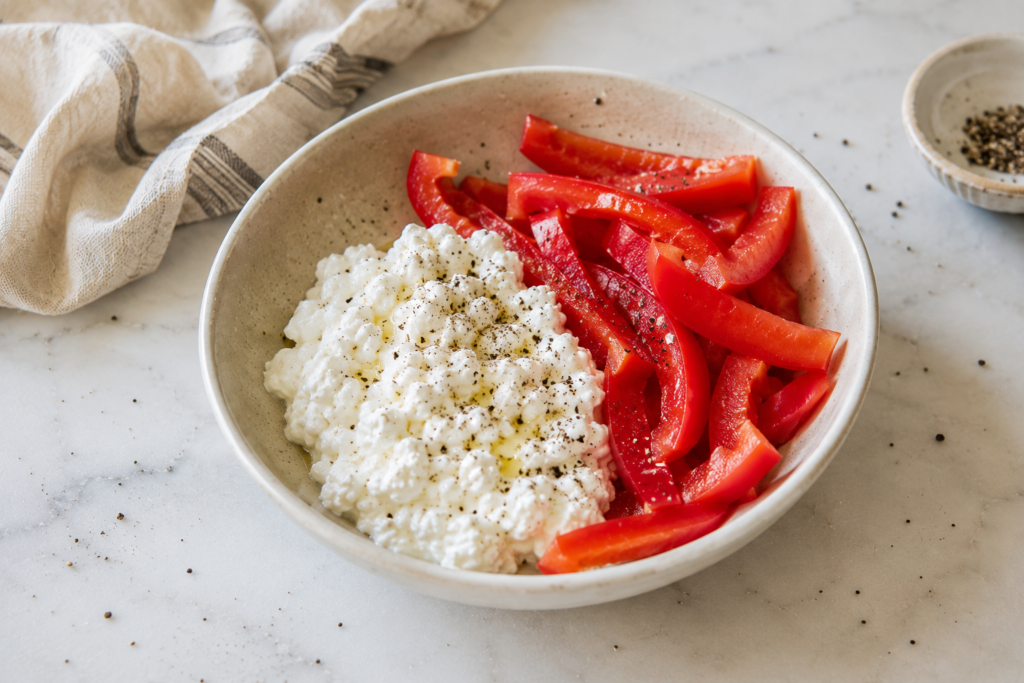 Bowl of cottage cheese with sliced red bell peppers, cracked pepper, and seasoning on a light marble countertop.