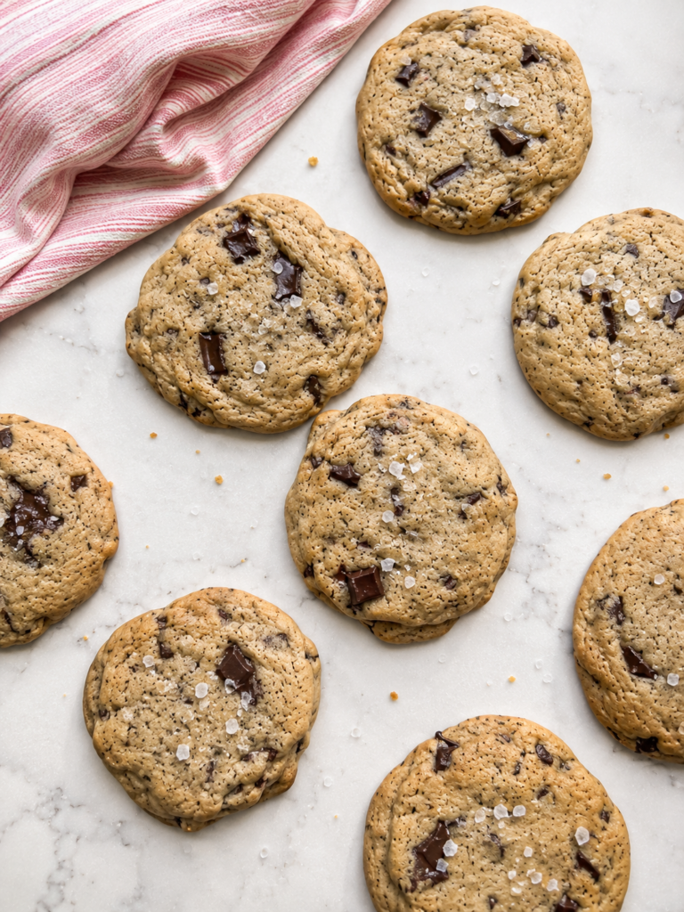 Salted tahini chocolate chip cookies with dark chocolate chunks and flaky salt on a light marble countertop with a pink striped towel.