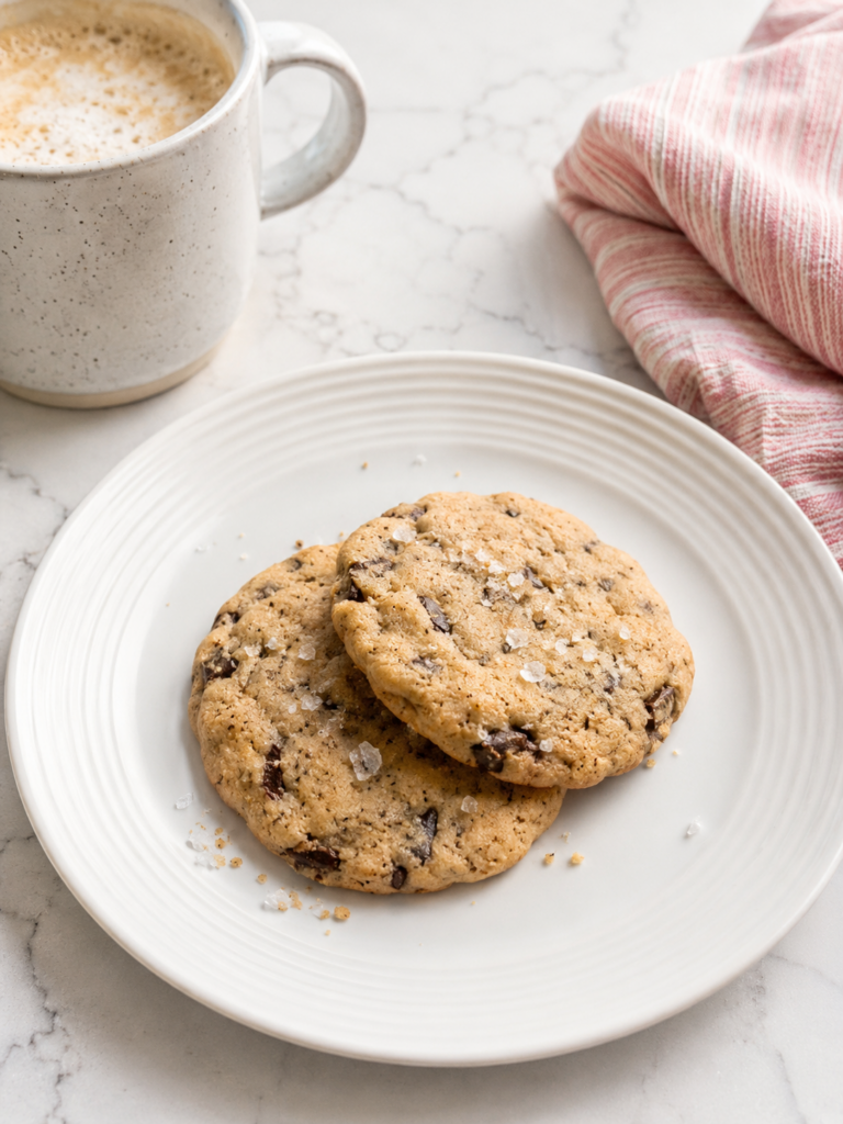 Two salted tahini chocolate chip cookies on a white ceramic plate with soft natural light and a pink striped towel nearby.