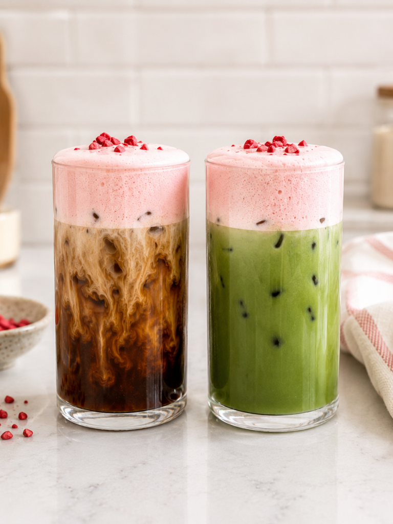 a glass of iced coffee and a glass of iced matcha topped with strawberry cold foam in a bright light kitchen