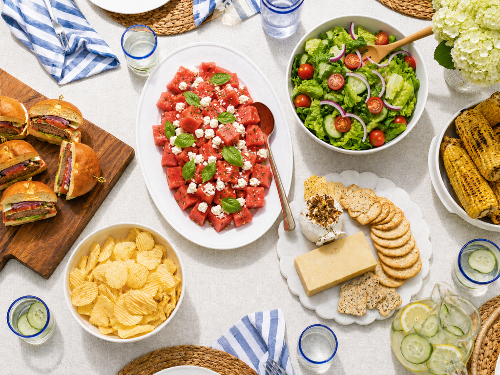 Overhead summer cookout table with watermelon feta basil salad, green salad, grilled corn, sandwiches, chips, cheese and crackers, cucumber lemon water, blue striped napkins, and woven rattan placemats in bright natural daylight.