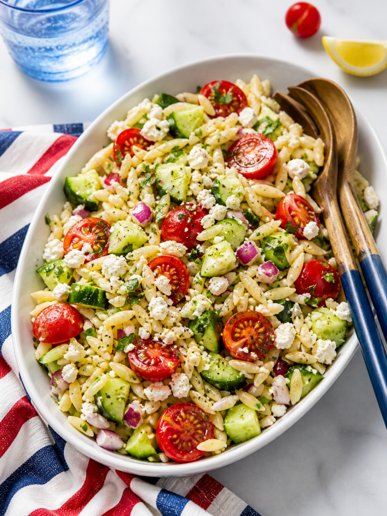 large oval bowl of summer orzo pasta salad