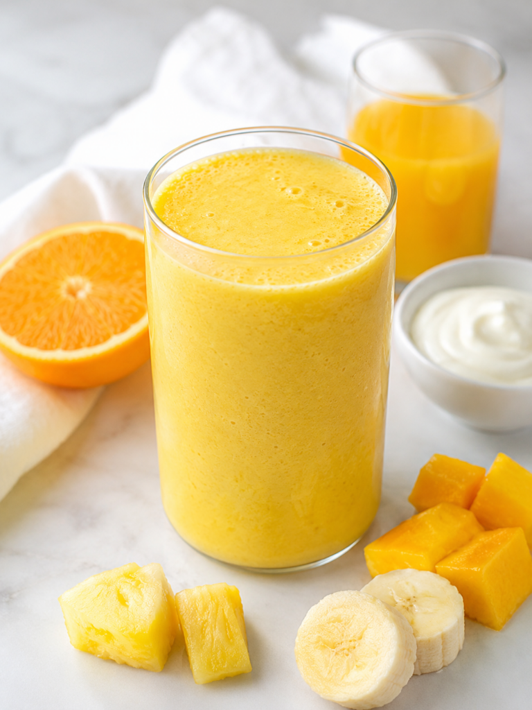 bright sunshine smoothie made with orange juice, pineapple, mango, banana, and creamy yogurt on countertop.