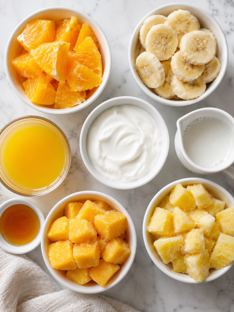 sunshine smoothie ingredients: oranges, bananas, pineapples, mangos, juice, yogurt, milk, honey