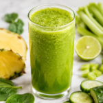 tropical green juice with fresh ingredients on marble countertop