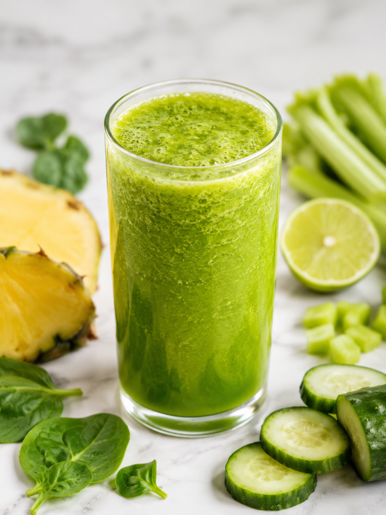 tropical green juice with fresh ingredients on marble countertop