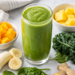 glass of detox island green smoothie a copycat recipe from tropical smoothie, surrounded by smoothie ingredients on clean countertop
