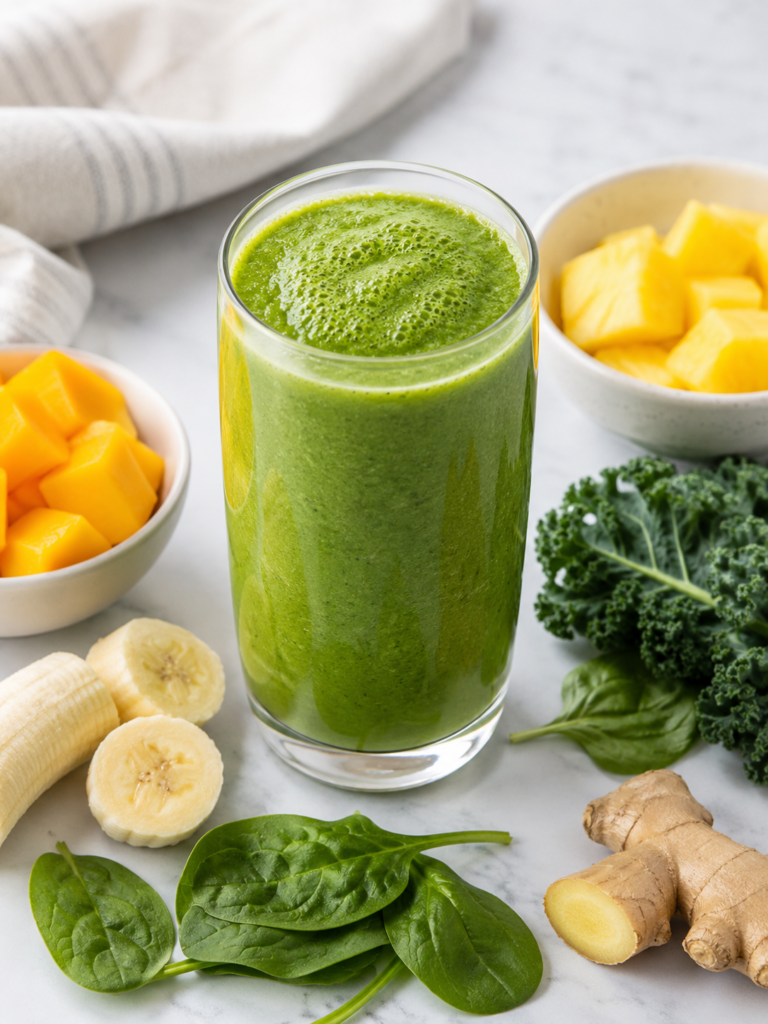 glass of detox island green smoothie a copycat recipe from tropical smoothie, surrounded by smoothie ingredients on clean countertop