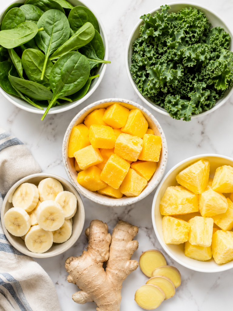tropical smoothie regular and detox island green smoothie ingredients: spinach, kale, frozen mango and pineapple, banana slices, and ginger sliced on bright marble countertop.