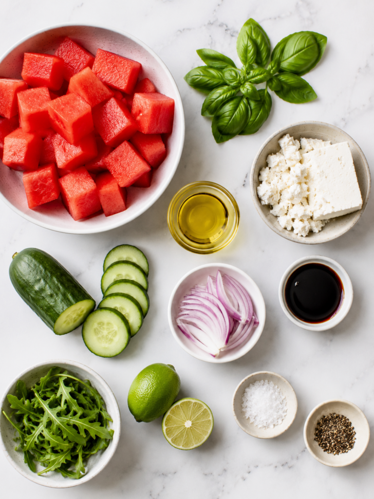 Overhead ingredient shot for watermelon feta salad with basil, including watermelon, feta, basil, cucumber, red onion, lime, olive oil, balsamic, salt, pepper, and arugula.