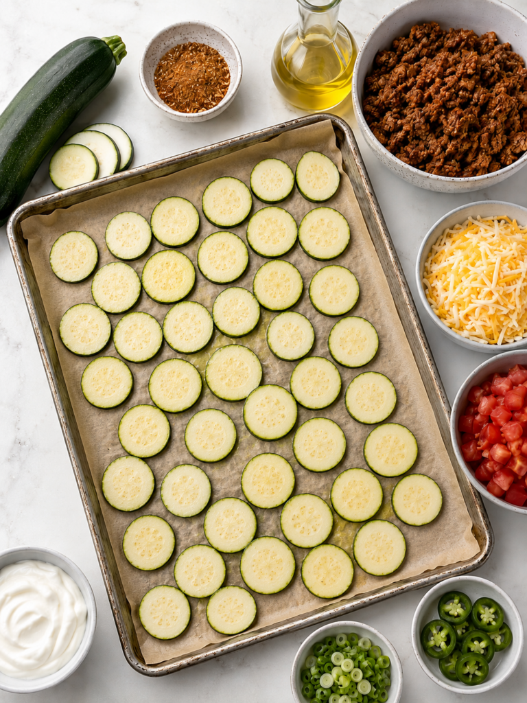 Ingredients and prep for zucchini nachos with zucchini slices arranged on a parchment-lined sheet pan, plus taco meat, shredded cheese, diced tomatoes, jalapeños, green onions, sour cream, olive oil, and taco seasoning.