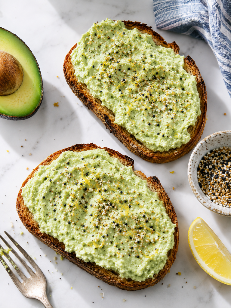 Avocado cottage cheese toast on sourdough with everything bagel seasoning, lemon zest, avocado, and lemon.