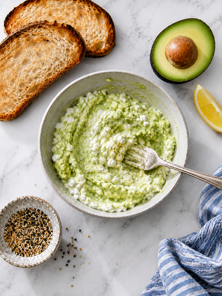 Avocado and cottage cheese mixed in a bowl with sourdough, lemon, avocado, and everything bagel seasoning.