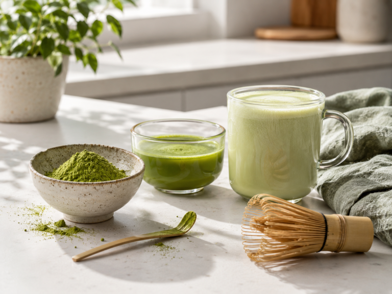 Matcha powder, whisked matcha tea, and a creamy matcha latte with a bamboo whisk and scoop on a light countertop.