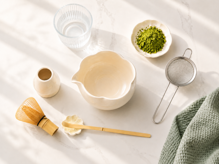 Overhead view of a beginner matcha set on a white marble countertop with a ceramic bowl, bamboo whisk, whisk holder, scoop, sifter, glass pitcher, matcha powder, and soft window shadows.