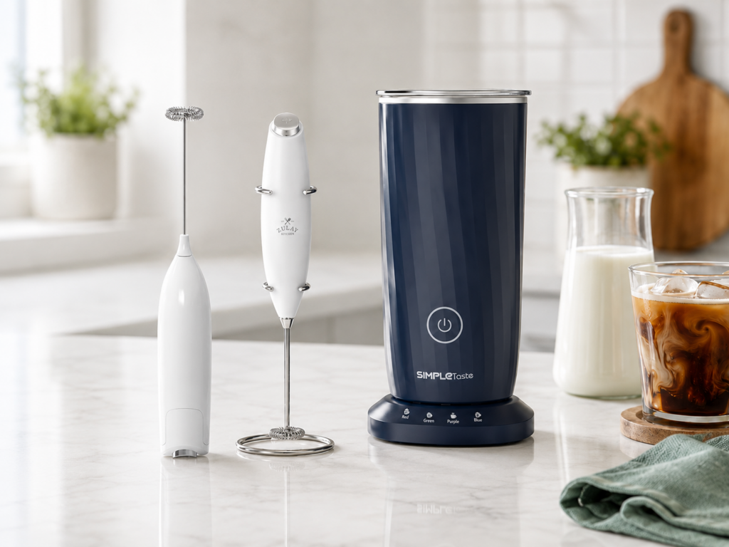 Three milk frothers on a white marble countertop with milk and iced coffee for making cold foam at home.