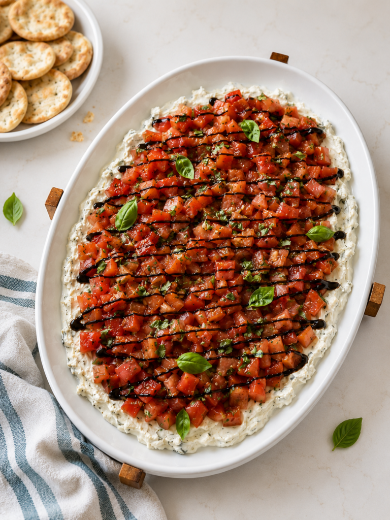Boursin bruschetta dip with tomato bruschetta, balsamic glaze, fresh basil, and garlic naan crackers.