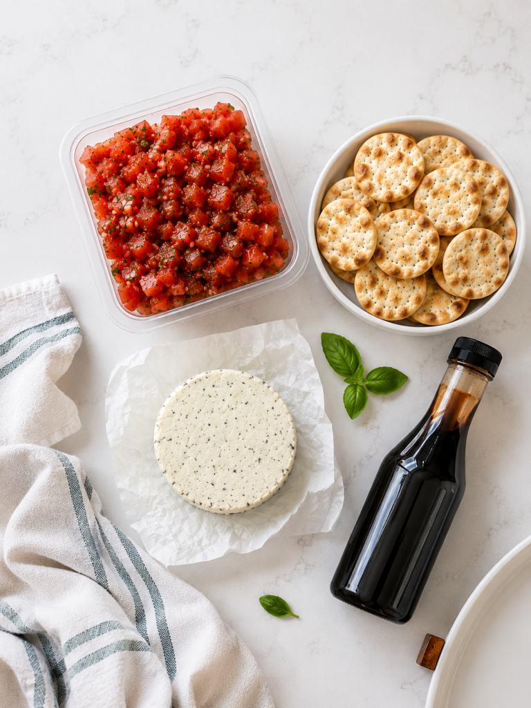Ingredients for Boursin bruschetta dip including Boursin cheese, bruschetta, balsamic glaze, garlic naan crackers, and basil.