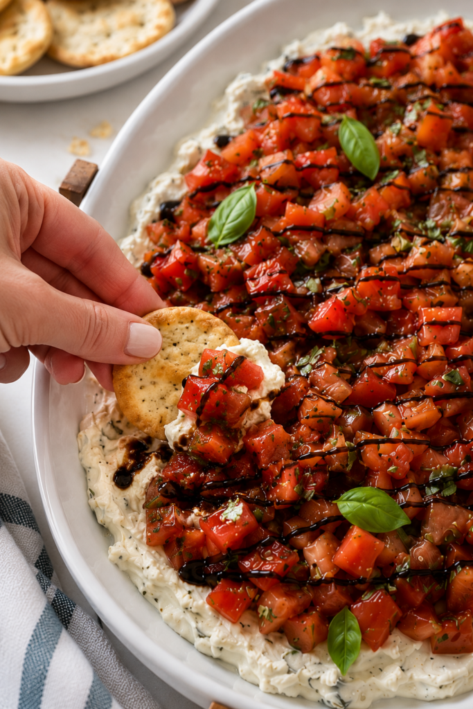 Hand holding a garlic naan cracker topped with Boursin bruschetta dip.