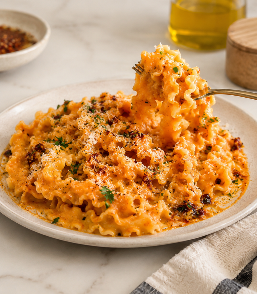 Fork taking bite of chili oil pasta on plate, sitting on marble countertop with chili oil, an seasonings around the dish.