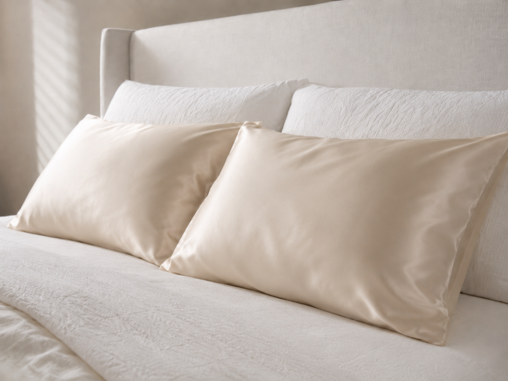 Two champagne mulberry silk pillowcases layered on a white bed with textured bedding