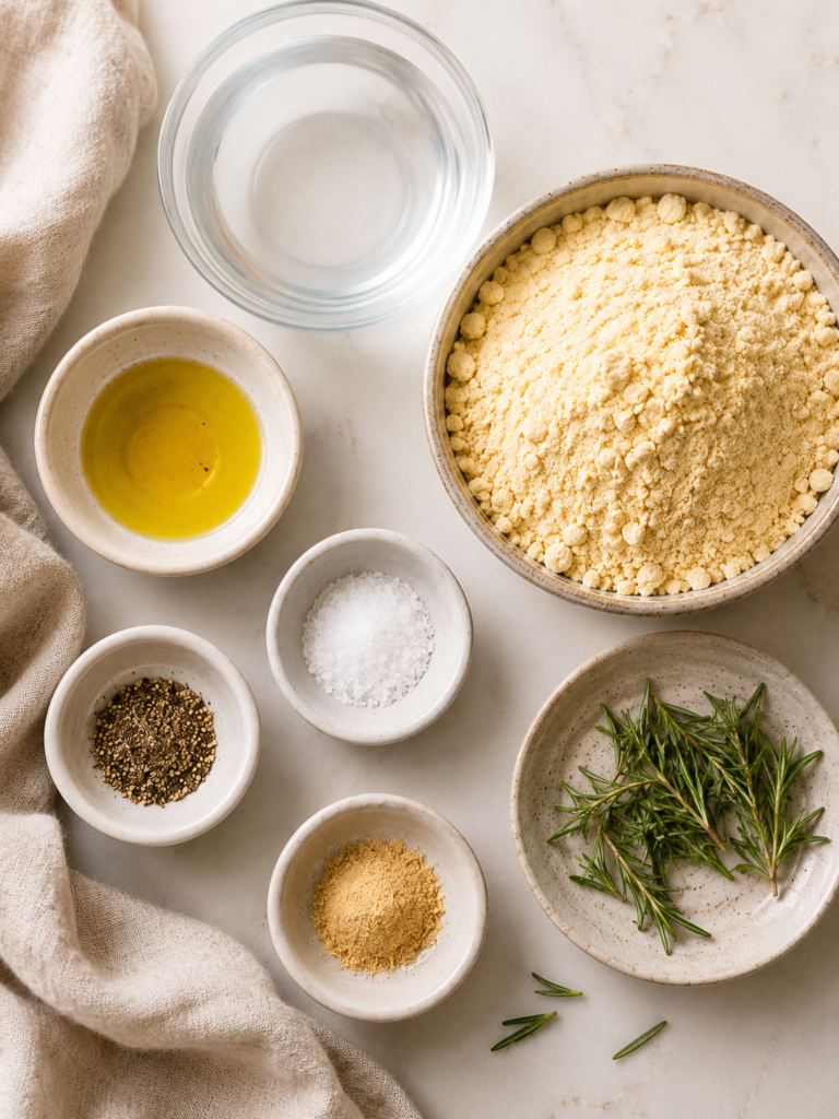 Ingredients for chickpea flatbread including chickpea flour, water, olive oil, salt, pepper, and rosemary.