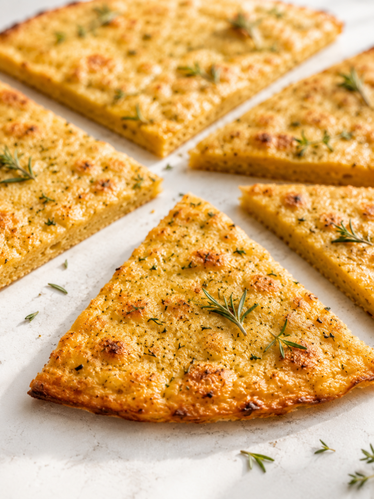 Close-up of a golden chickpea flatbread slice with crisp edges and tender center texture.