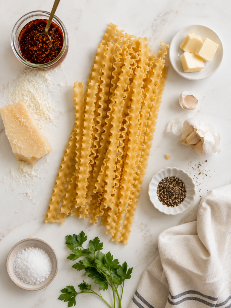 Ingredients for chili oil pasta including mafaldine noodles, chili crisp, butter, garlic, parmesan, parsley, salt, and black pepper.