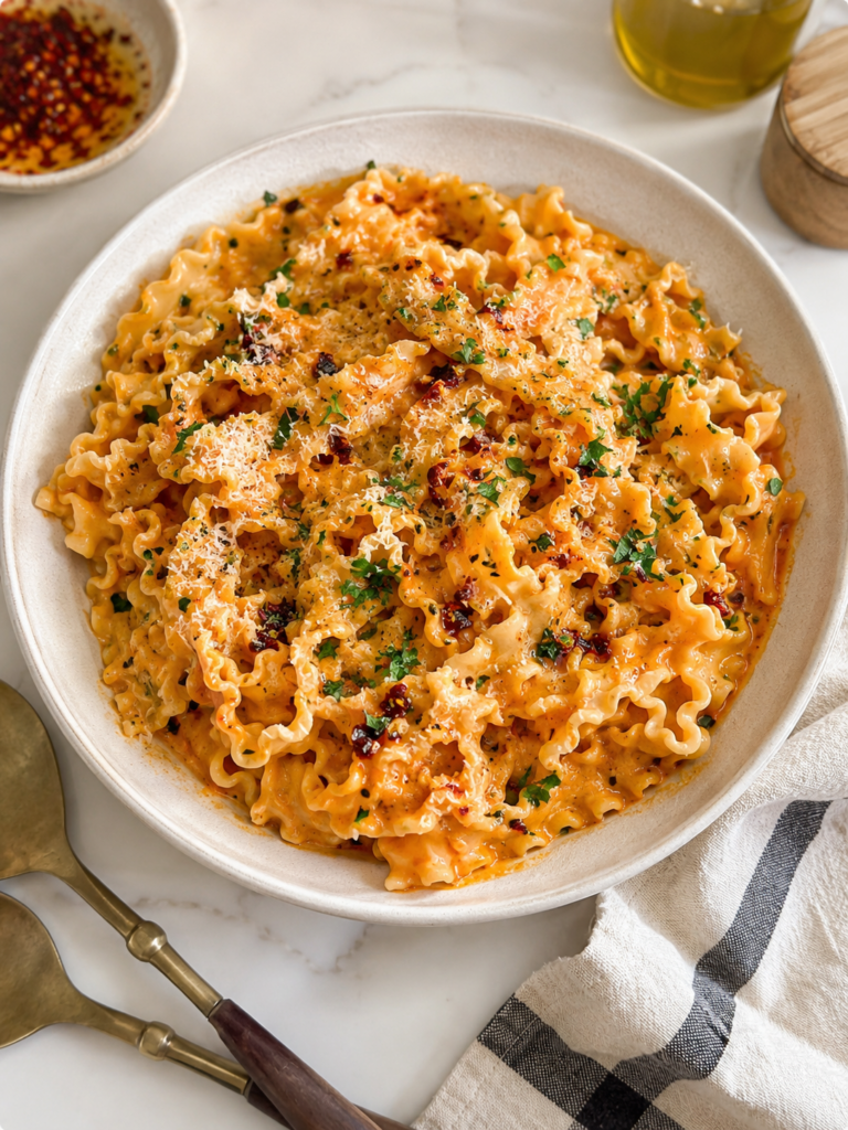 Creamy chili oil pasta with mafaldine noodles, chili crisp, parmesan, black pepper, and parsley in a white bowl.