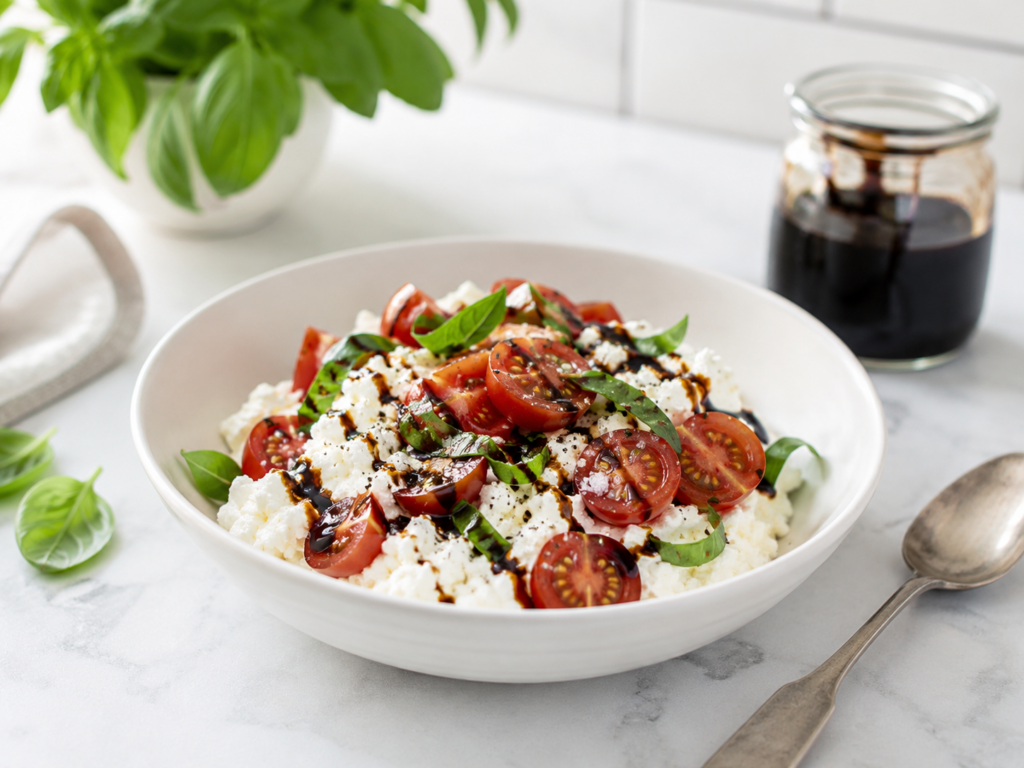 Cottage cheese bowl topped with cherry tomatoes, fresh basil, black pepper, and a drizzle of balsamic glaze.