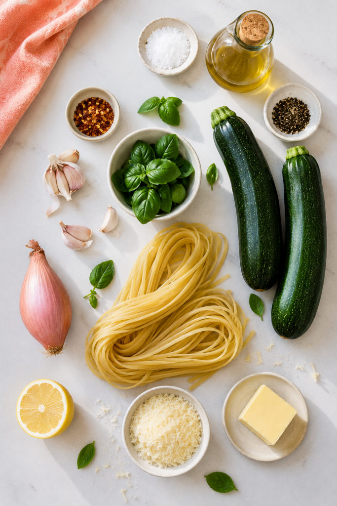 Ingredients for creamy zucchini pasta including zucchini, linguine, basil, garlic, shallot, lemon, parmesan cheese, butter, olive oil, black pepper, salt, and red pepper flakes arranged on a white quartz countertop.