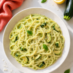 Creamy zucchini pasta with linguine noodles coated in a pale green zucchini parmesan sauce, topped with parmesan cheese and sautéed zucchini.