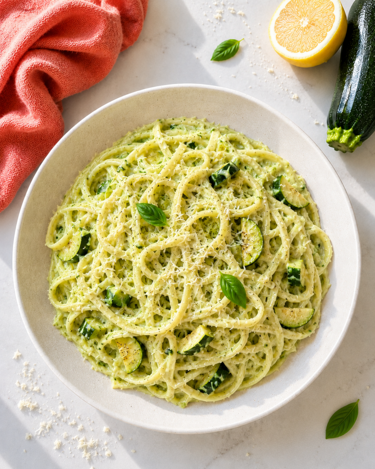 Creamy zucchini pasta with linguine noodles coated in a pale green zucchini parmesan sauce, topped with parmesan cheese and sautéed zucchini.