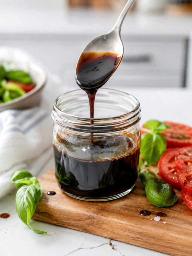 Thick balsamic glaze coating a spoon and dripping back into the jar.