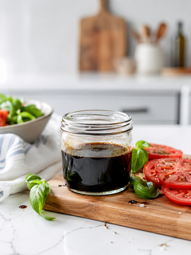 Homemade balsamic glaze in a glass jar with sliced tomatoes and fresh basil on a white countertop.