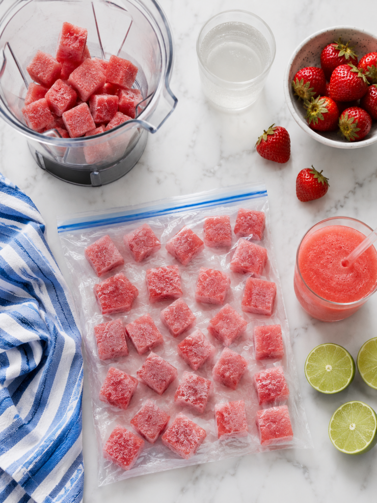 Frozen watermelon cubes stored in a clear freezer bag with more cubes in a blender, plus lime, strawberries, coconut water, and a watermelon smoothie on a marble countertop.