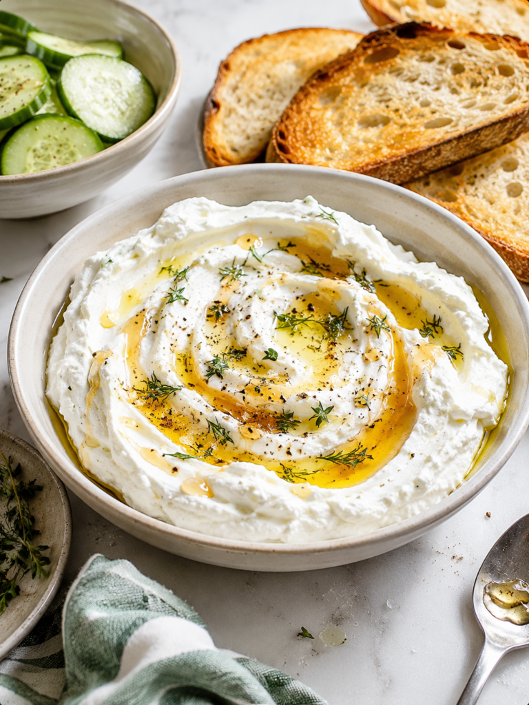 Homemade Greek yogurt cream cheese topped with olive oil, honey, herbs, flaky salt, and black pepper, served with toasted sourdough and cucumber slices.