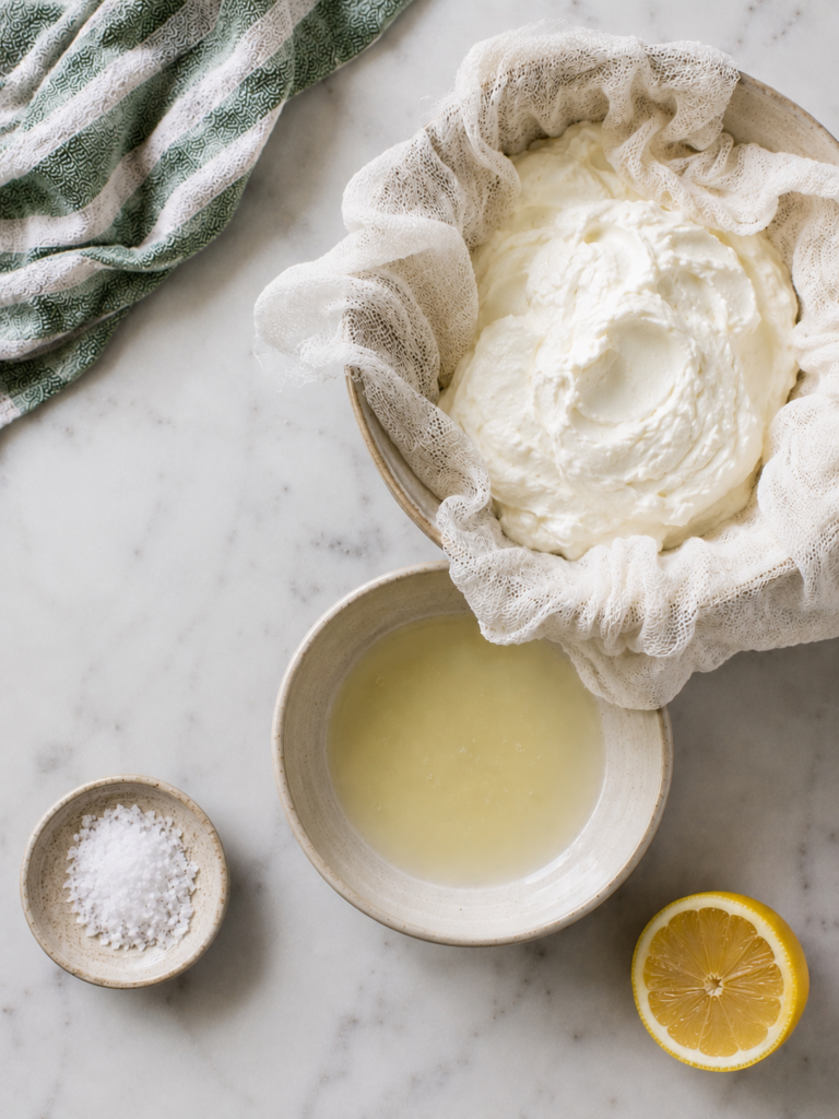 Ingredients for homemade Greek yogurt cream cheese including Greek yogurt in a cheesecloth-lined bowl, lemon juice, flaky salt, and fresh lemon on a marble countertop.