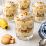 Healthy banana pudding layered in glass jars with banana slices, vanilla wafer crumbs, and whipped topping.