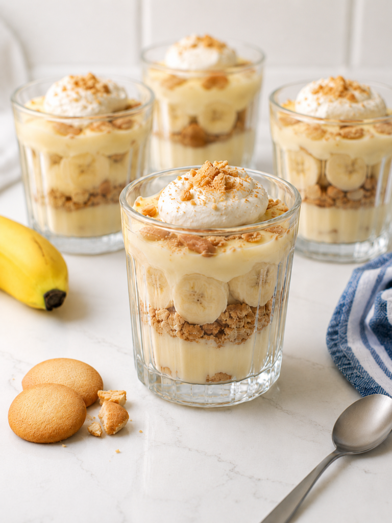 Healthy banana pudding layered in glass jars with banana slices, vanilla wafer crumbs, and whipped topping.